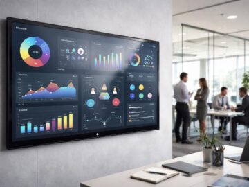 affichez facilement les kpis et briefs de votre équipe sur une tablette tactile microsoft fixée au mur, pour une meilleure organisation et un suivi en temps réel de vos bureaux.