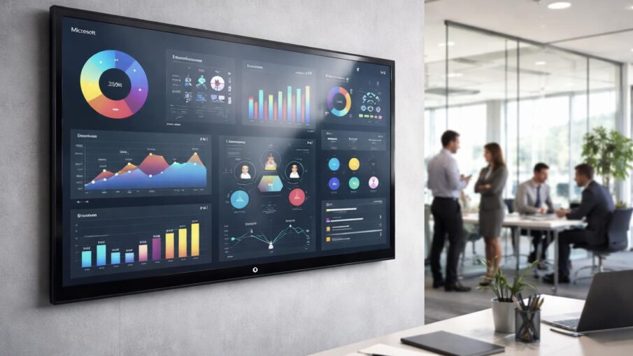 affichez facilement les kpis et briefs de votre équipe sur une tablette tactile microsoft fixée au mur, pour une meilleure organisation et un suivi en temps réel de vos bureaux.