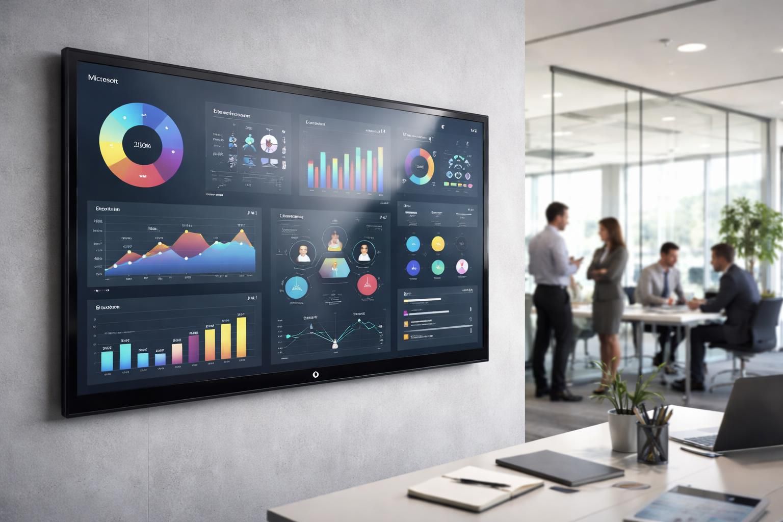 affichez facilement les kpis et briefs de votre équipe sur une tablette tactile microsoft fixée au mur, pour une meilleure organisation et un suivi en temps réel de vos bureaux.