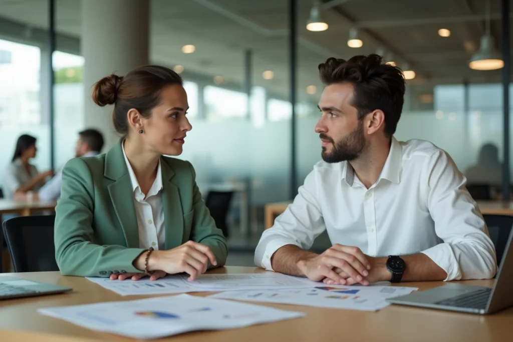 Deux collègues comparant des services numériques avec des documents dans un espace de coworking moderne