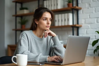 Femme comparant deux services en ligne sur un ordinateur portable dans un bureau minimaliste