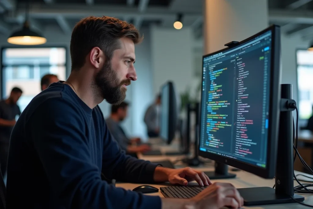 Développeur frontend écrivant du code CSS pour aligner des boutons dans un éditeur de code en open space