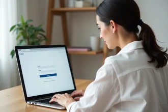 Développeuse web analysant la mise en page CSS d'un formulaire sur un ordinateur portable dans un bureau moderne