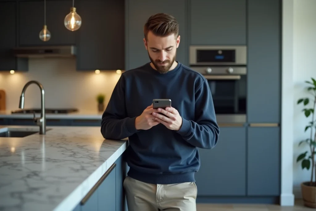 Homme consultant des avis en ligne sur smartphone dans une cuisine moderne pour choisir un service