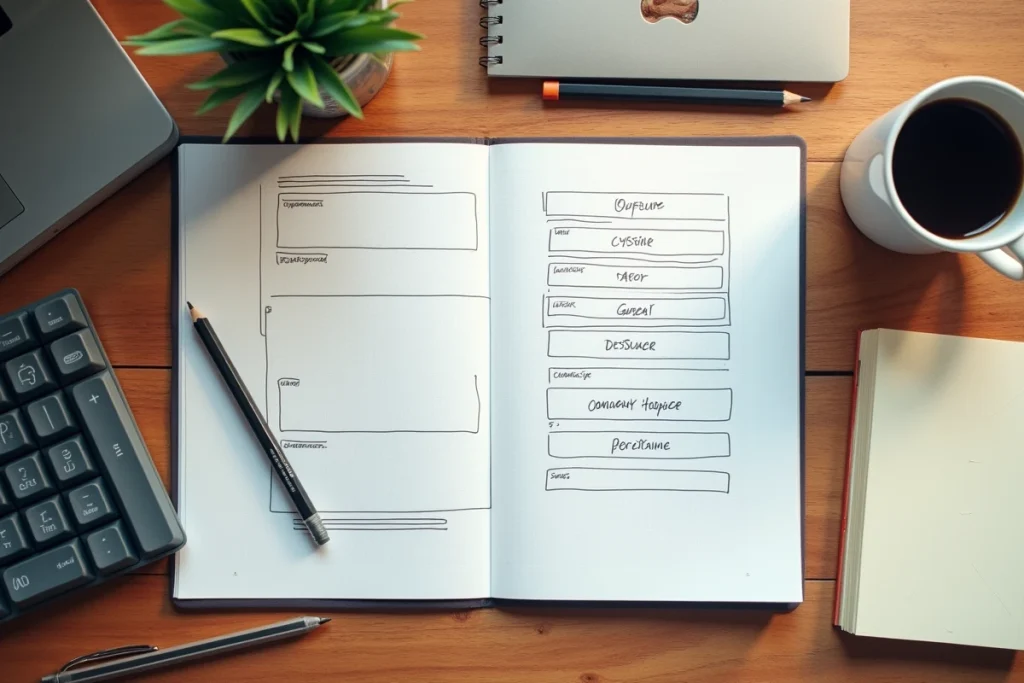 Vue aérienne d'un bureau avec wireframe imprimé annoté de propriétés CSS pour la disposition de formulaires et boutons
