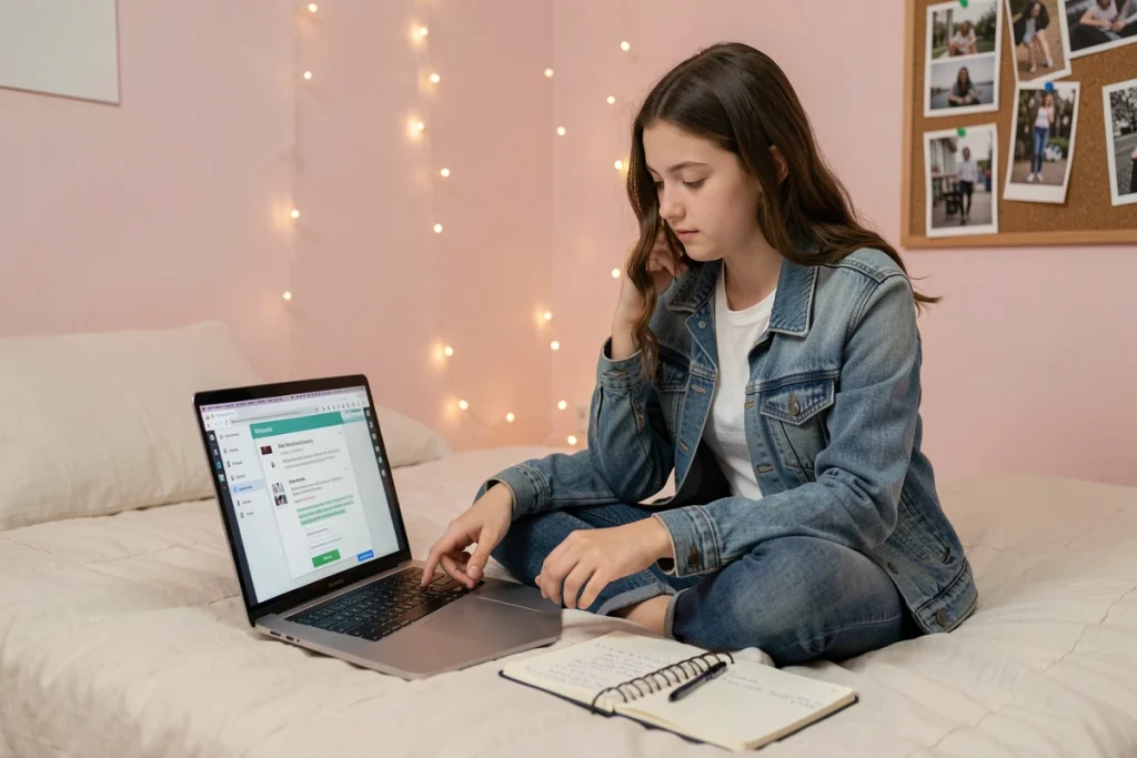 Adolescente débutante prenant des notes pour apprendre à héberger ses images en ligne depuis son lit