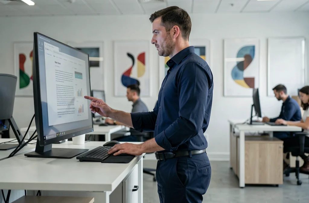 Homme professionnel analysant des réponses d'intelligence artificielle sur un grand écran dans un bureau open-space