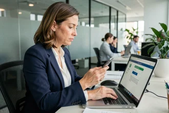 Une professionnelle vérifie une authentification multifactorielle sur son smartphone dans un bureau moderne