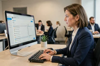 Professionnelle utilisant un logiciel de bureautique pour automatiser l'envoi d'e-mails groupés depuis son bureau