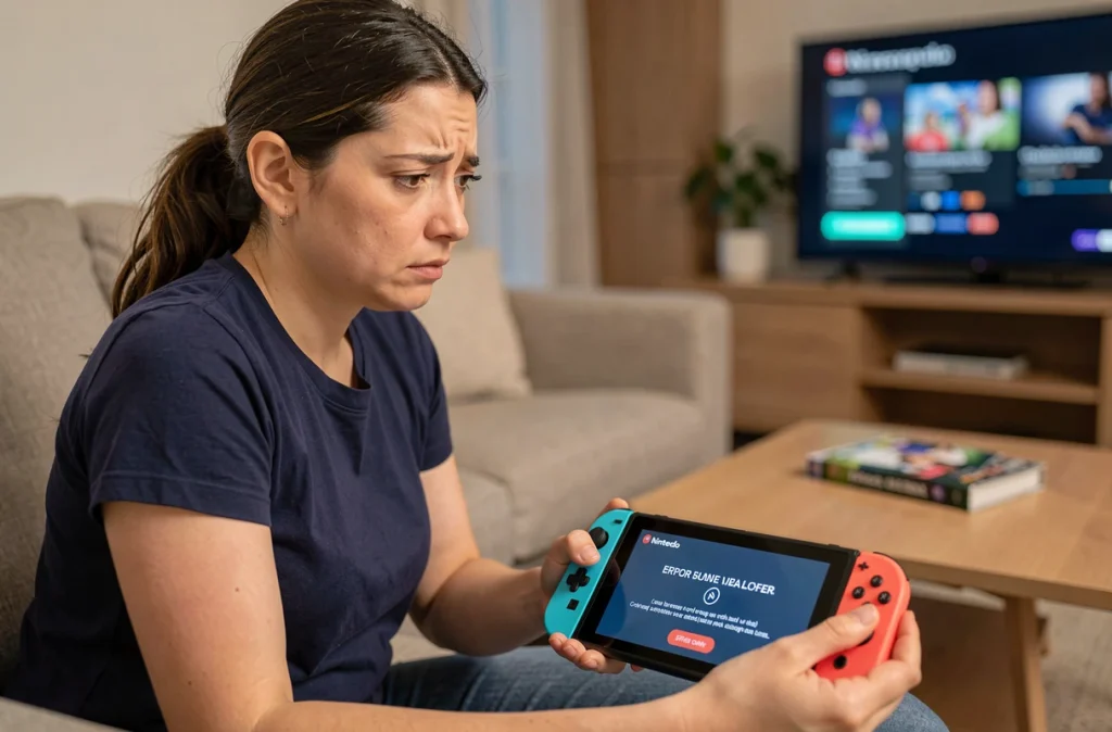 Femme inquiète regardant un message d'erreur ou de bannissement sur son écran Nintendo Switch dans un salon moderne