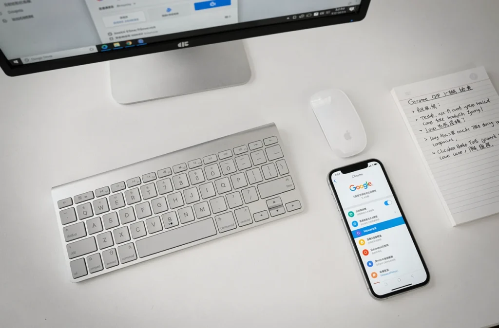 Vue de dessus d'un bureau avec clavier, souris et smartphone affichant Chrome, illustrant la résolution du problème du bouton Actualiser disparu