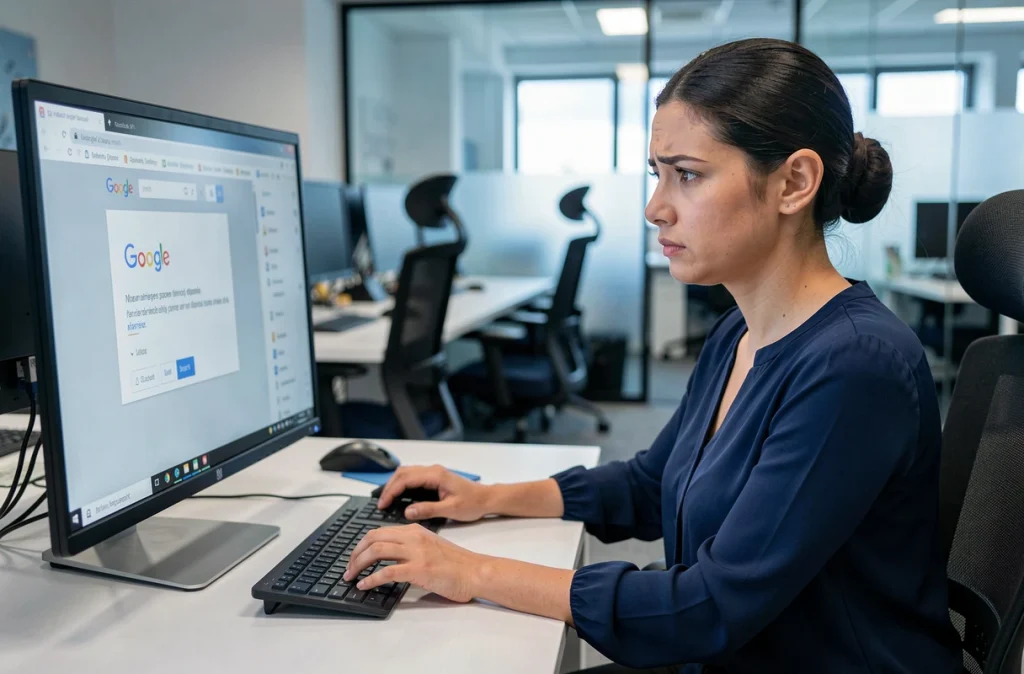 Femme au bureau cherchant le bouton Actualiser manquant dans Google Chrome sur un écran de bureau en open space