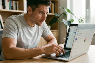 Homme perplexe devant Google Chrome sur son ordinateur portable, cherchant le bouton Actualiser disparu de la barre d'outils