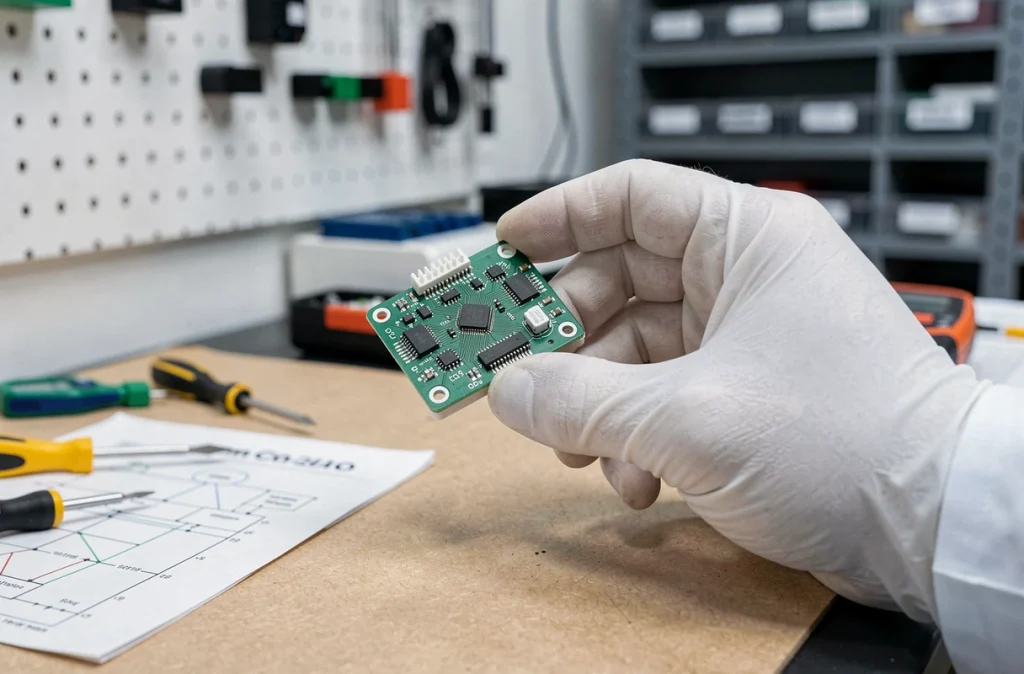 Circuit imprimé d'un capteur connecté exposé sur un établi de laboratoire de sécurité matérielle