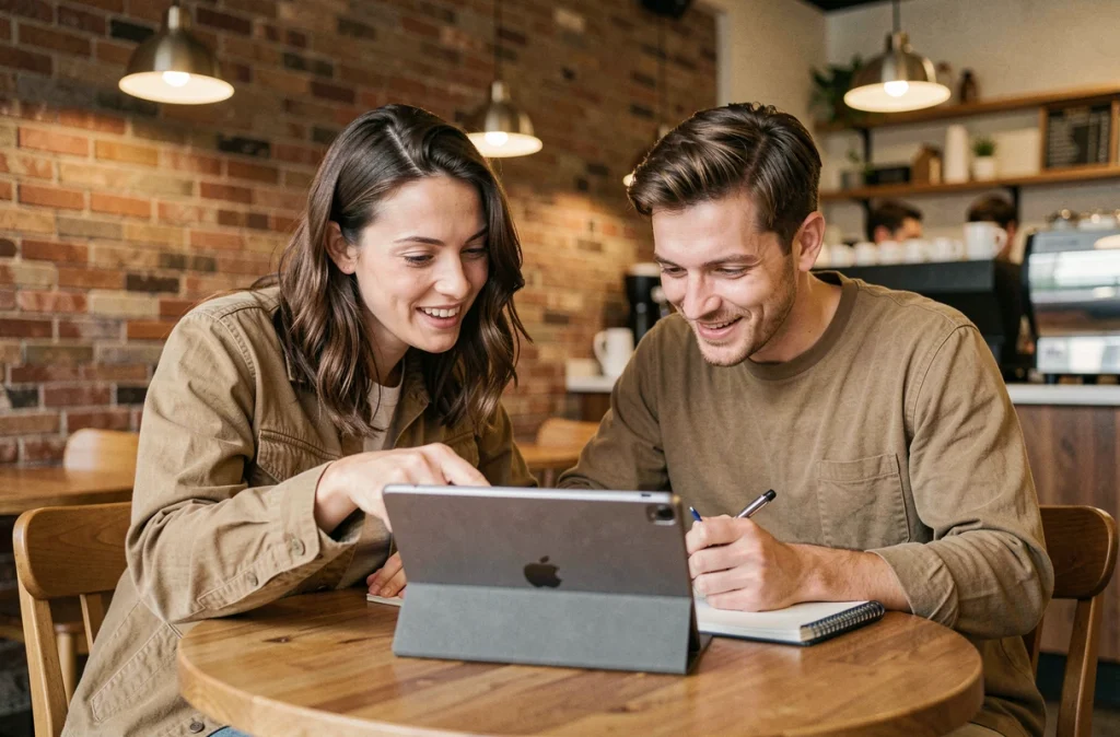 Deux personnes collaborant autour d'une tablette dans un café pour optimiser des prompts d'intelligence artificielle