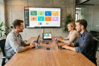 Équipe de professionnels collaborant en temps réel sur une présentation partagée via des outils en ligne lors d'une réunion en bureau moderne