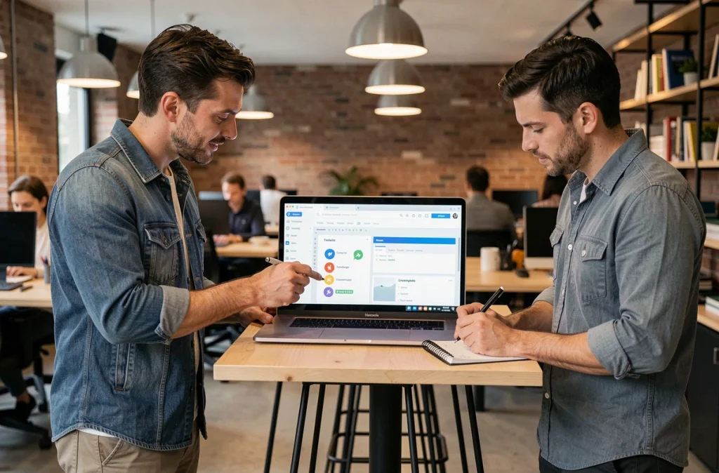 Deux collègues debout co-éditant une présentation en temps réel sur un ordinateur portable dans un espace de coworking moderne