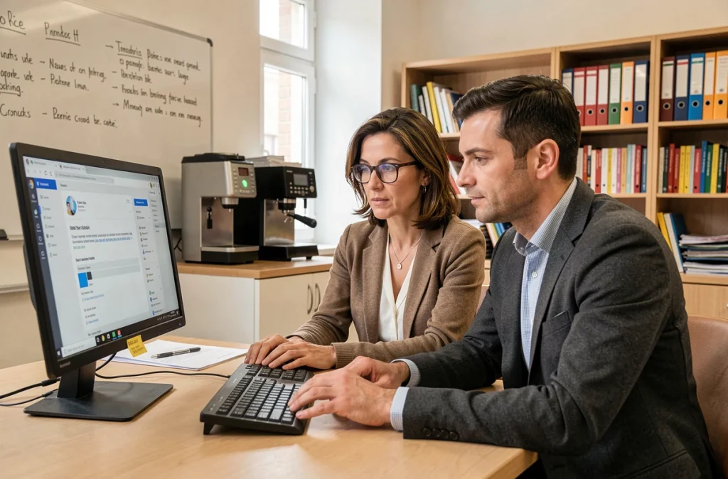 Deux collègues explorant ensemble l'interface de messagerie académique mel AC Normandie dans une salle des professeurs