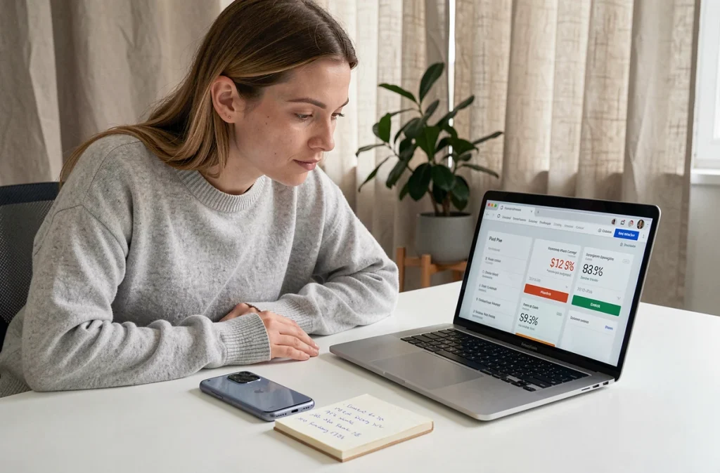Femme comparant les prix du Google Pixel 8 Pro sur un ordinateur portable dans un bureau à domicile minimaliste