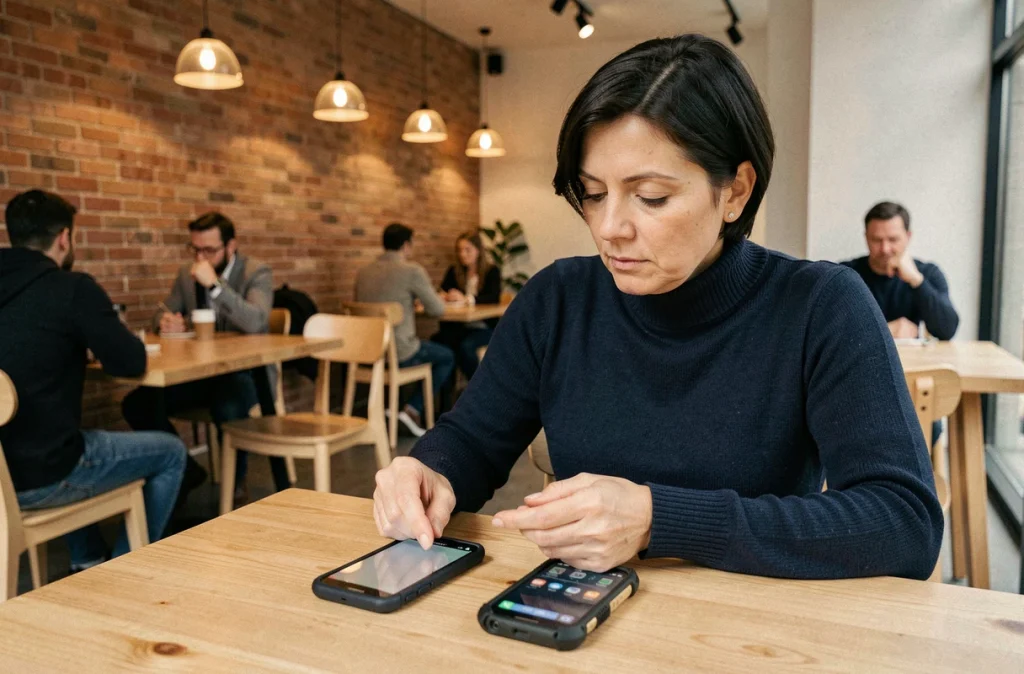Femme comparant un téléphone PGP chiffré et un smartphone classique dans un café