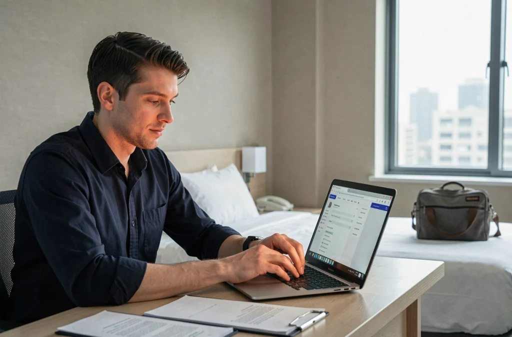 Homme se connectant à sa messagerie UGA via VPN depuis une chambre d'hôtel à l'étranger