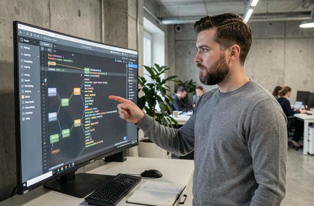 Développeur debout devant un écran affichant un logiciel de gestion de versions de fichiers dans un bureau moderne