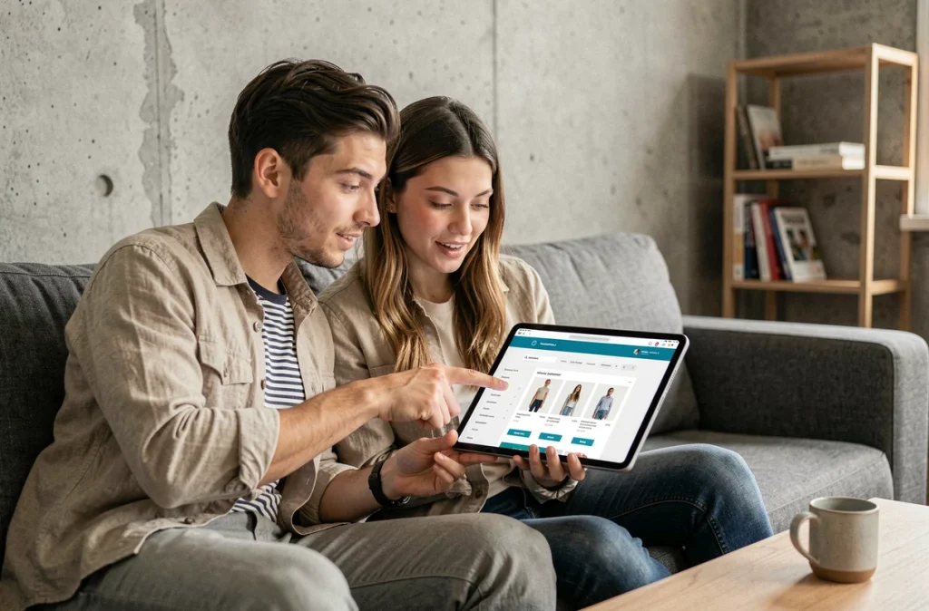 Couple comparant des offres en ligne sur une tablette dans un salon moderne avant un achat sur internet