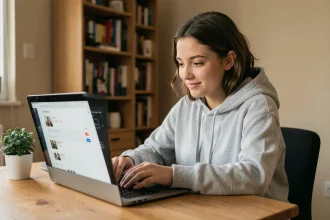 Jeune femme débutante utilisant un service d'hébergement d'images sur son ordinateur portable à la maison