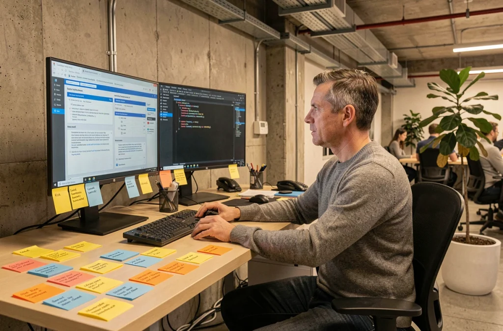 Développeur informatique analysant des contrôles de sécurité concrets sur deux écrans dans un bureau open space