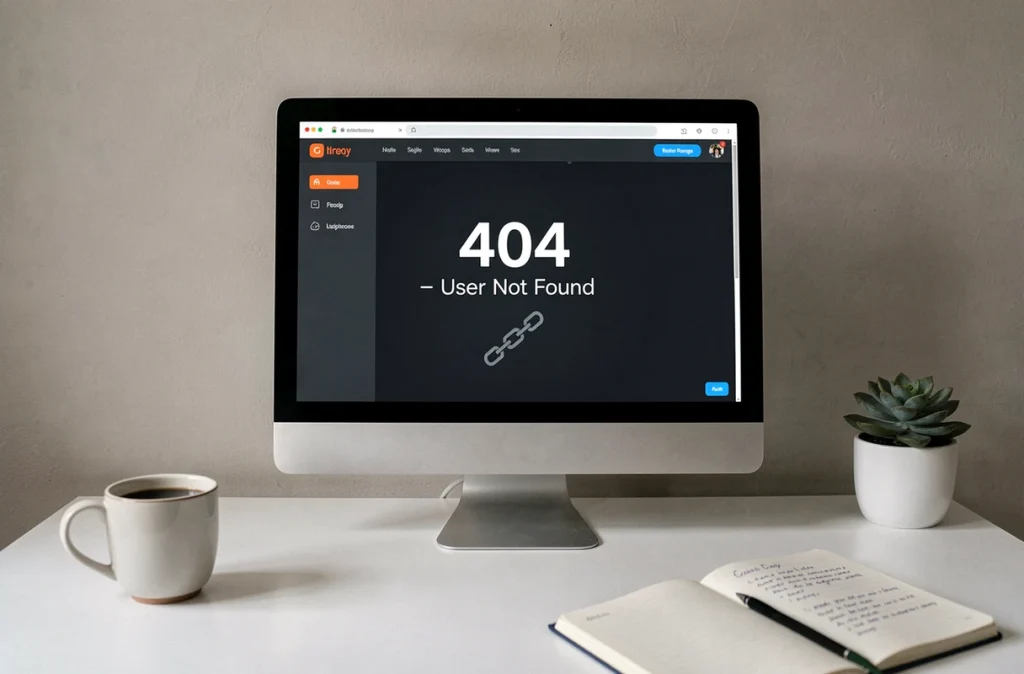 Écran d'ordinateur affichant une erreur 404 utilisateur introuvable sur un bureau minimaliste avec carnet et café