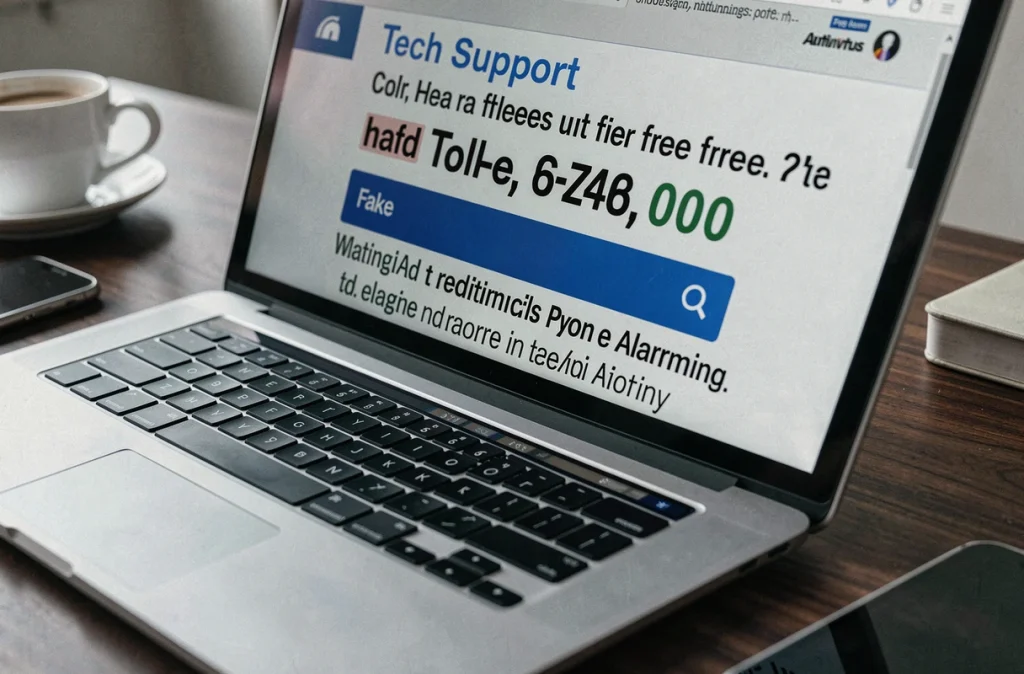 Gros plan sur un écran d'ordinateur affichant une fausse page de support technique avec numéro surtaxé et message d'alerte frauduleux