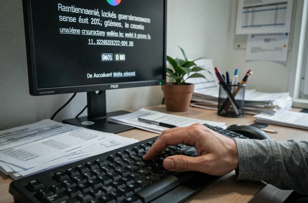 Écran de ransomware affiché sur l'ordinateur d'une petite entreprise française avec demande de rançon