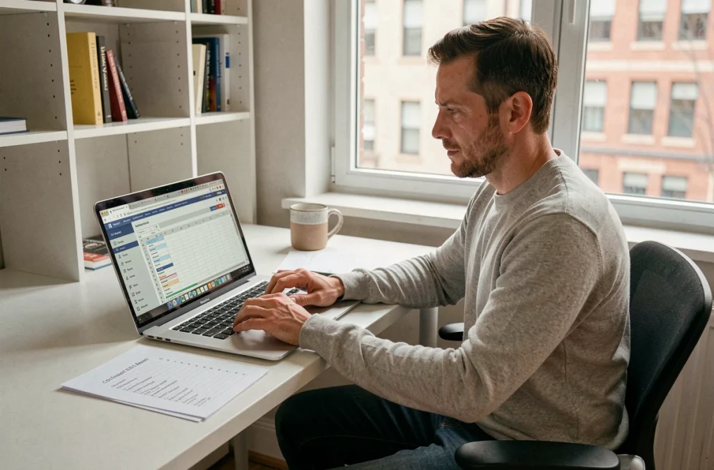 Homme travaillant depuis son bureau à domicile sur l'automatisation d'envois d'e-mails en masse avec tableur et client mail