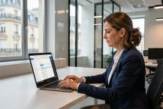 Employée de bureau parisienne consultant sa messagerie professionnelle IntraParis sur ordinateur portable