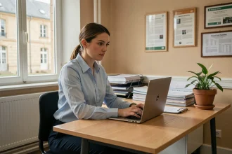 Enseignante utilisant la messagerie académique mel AC Normandie sur son ordinateur portable dans un bureau scolaire