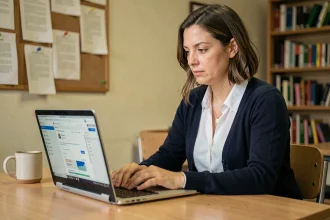 Enseignante utilisant la messagerie académique AC Normandie sur un ordinateur portable dans une salle des professeurs