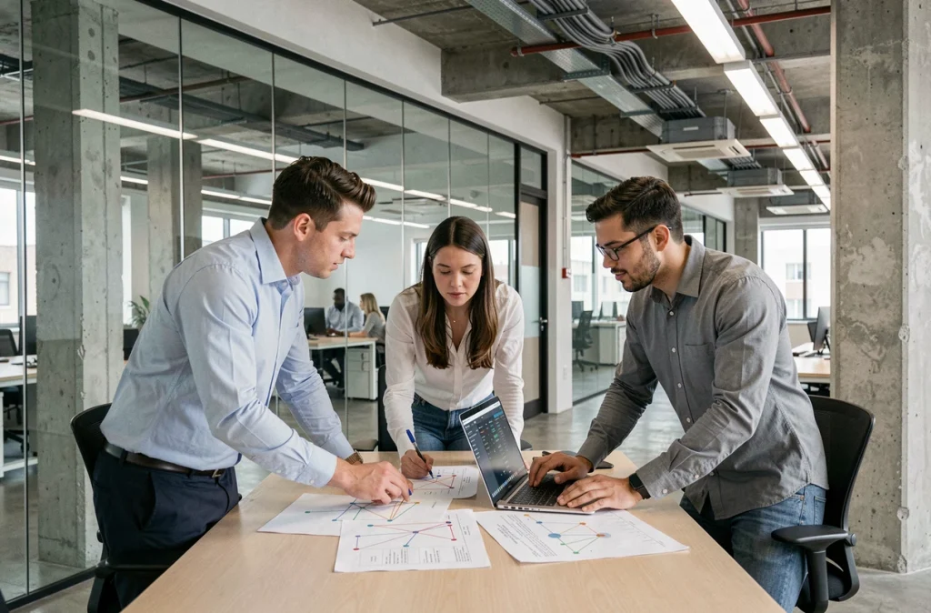 Équipe de professionnels en cybersécurité collaborant sur une réponse aux incidents dans un bureau technologique industriel