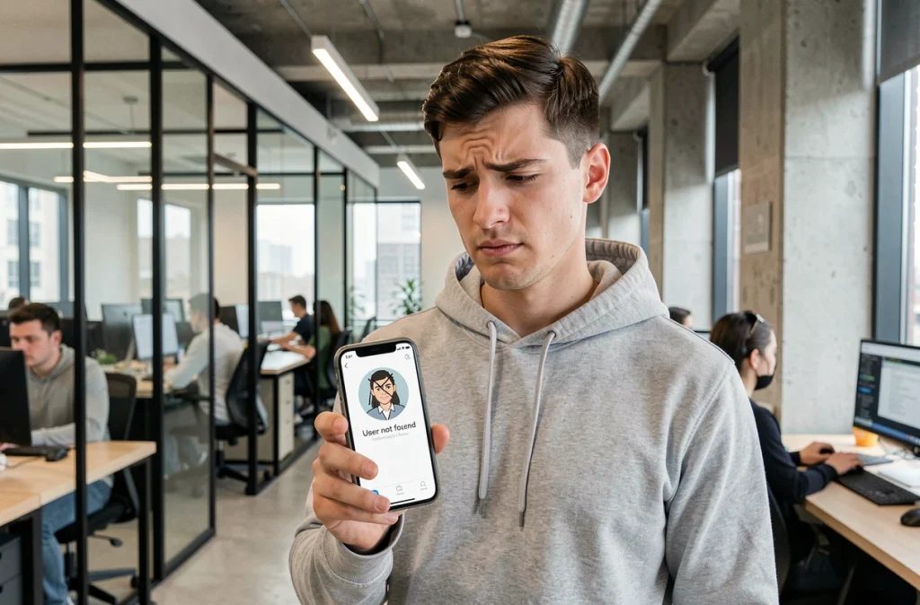 Jeune homme dans un open space tenant un smartphone affichant un message d'erreur de compte introuvable