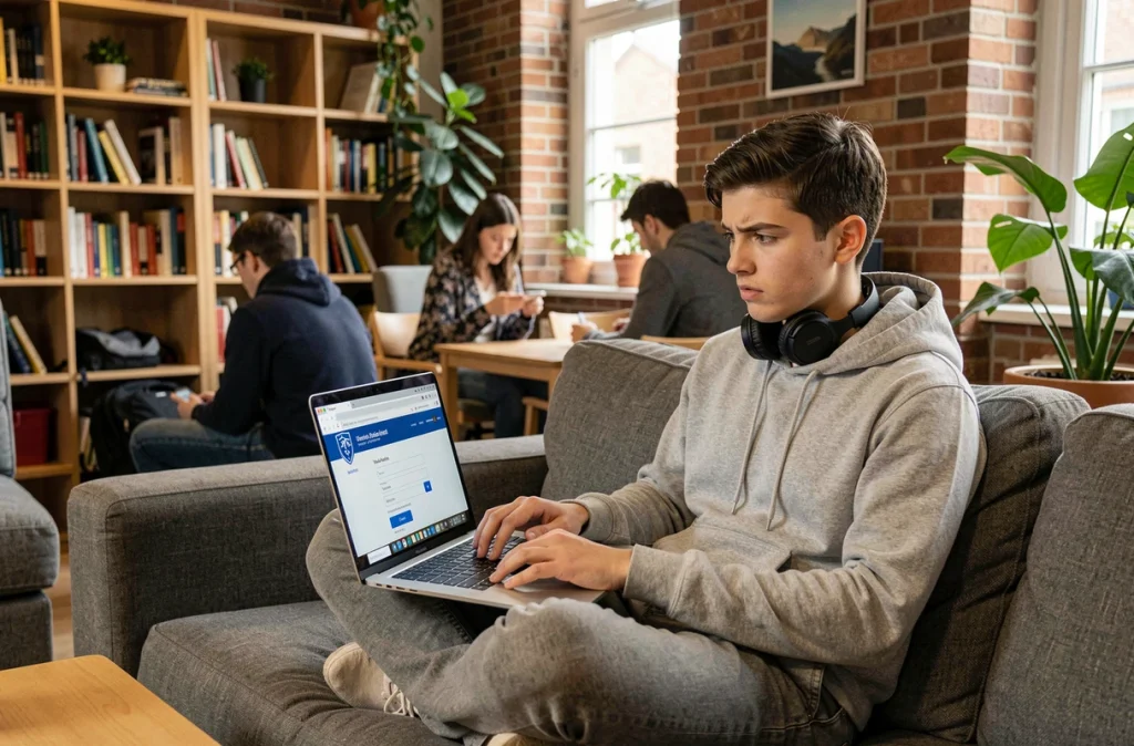 Étudiant consultant sa boîte mail UGA en toute sécurité depuis un espace commun d'auberge de jeunesse à l'étranger