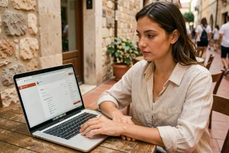 Étudiante accédant à sa messagerie universitaire UGA depuis un café à l'étranger sur son ordinateur portable