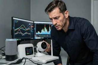 Expert en cybersécurité analysant des objets connectés vulnérables sur un bureau de bureau moderne