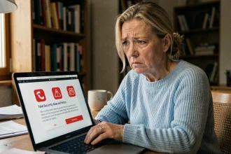 Femme inquiète devant un faux message d'alerte de sécurité sur son ordinateur portable, victime potentielle d'une arnaque au faux support technique