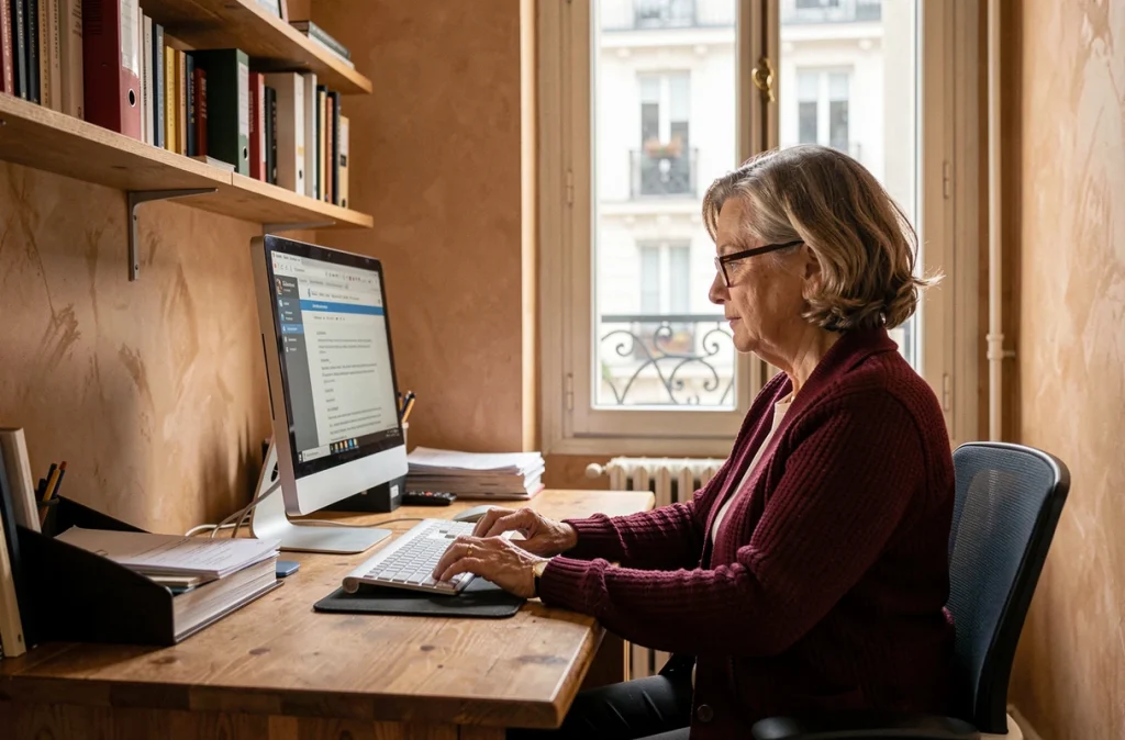 Femme utilisant la messagerie IntraParis depuis un bureau à domicile dans un appartement parisien