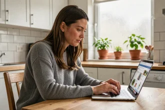 Femme comparant des produits en ligne sur un site de comparaison numérique depuis son ordinateur portable dans une cuisine moderne