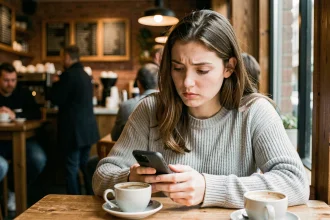 Jeune femme qui consulte Instagram sur son smartphone dans un café, air pensif et nostalgique