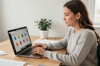 Femme convertissant des fichiers en ligne sur son ordinateur portable dans un bureau à domicile moderne
