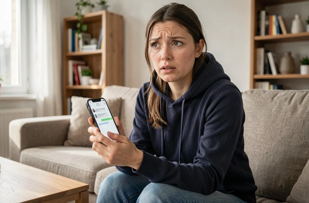 Femme à domicile recevant un SMS de phishing frauduleux sur son smartphone