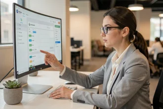 Femme utilisant une liste déroulante sur un logiciel de saisie de données en entreprise