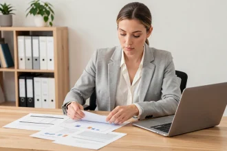 Femme professionnelle organisant des modèles de documents personnalisés sur un bureau en bois dans un bureau à domicile moderne