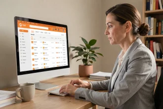 Femme professionnelle organisant sa boîte mail Orange sur un ordinateur de bureau avec des dossiers et filtres visibles